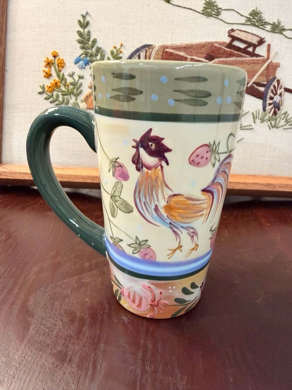 Rooster Chicken Farmhouse Cottage Tall Coffee Mug Danna Cullen Ceramic Pottery